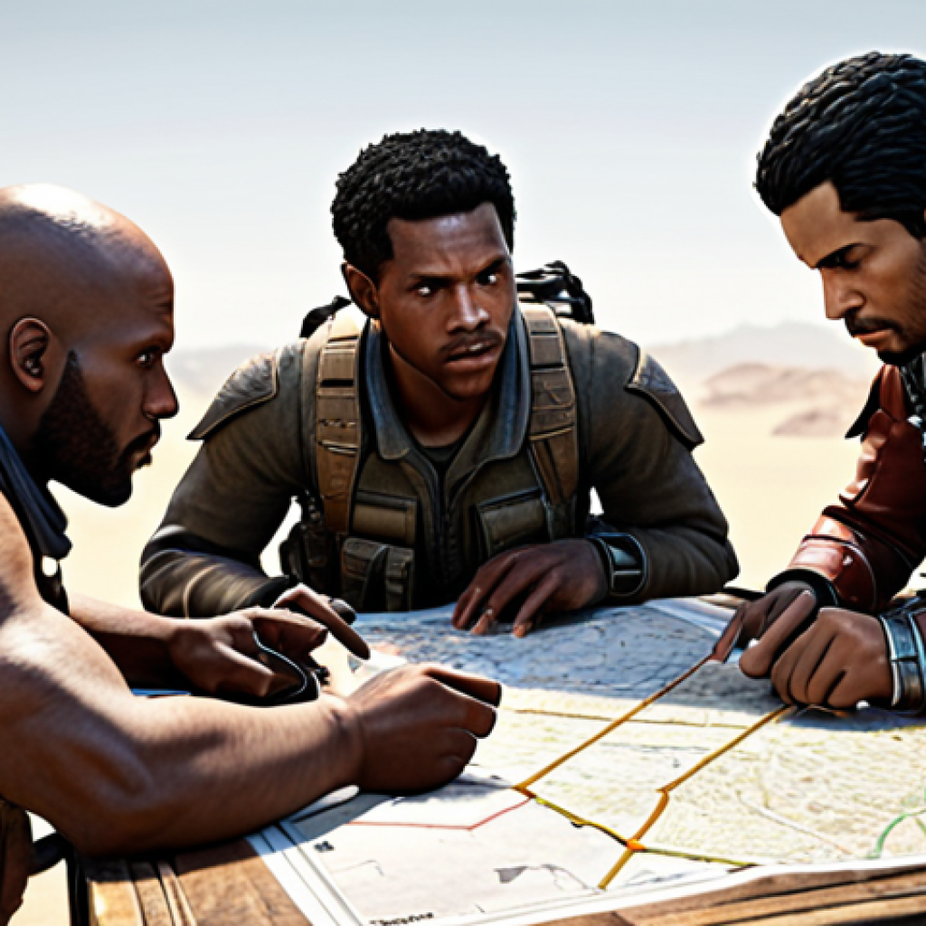 **

A squad of diverse Eternal Return characters strategically planning their daily missions on a detailed map, highlighting key resource locations and potential enemy encounters.

**
