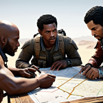 **

A squad of diverse Eternal Return characters strategically planning their daily missions on a detailed map, highlighting key resource locations and potential enemy encounters.

**