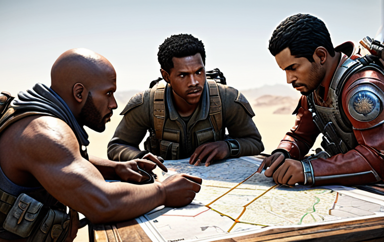 **
A squad of diverse Eternal Return characters strategically planning their daily missions on a detailed map, highlighting key resource locations and potential enemy encounters.
**