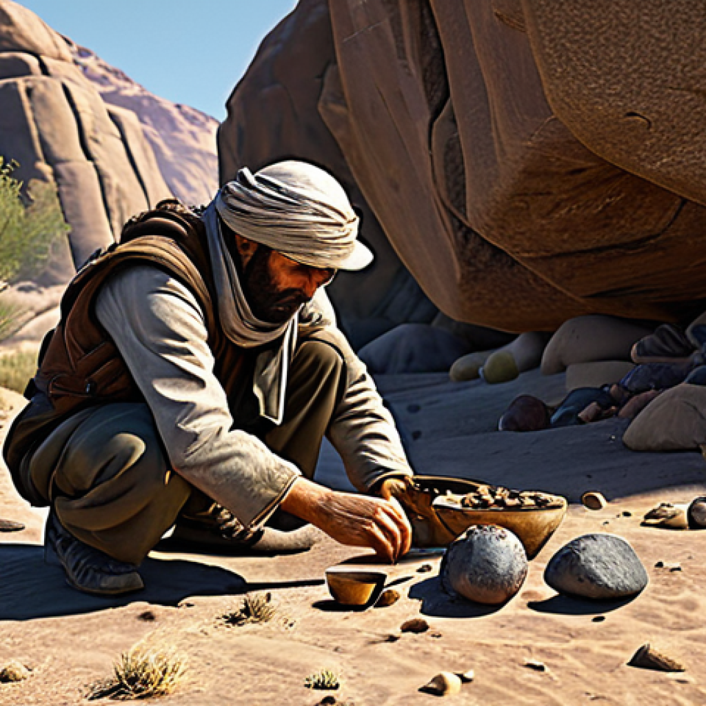 Early Game Resource Gathering**

"A determined survivor, fully clothed in practical desert attire, foraging for resources near a rocky outcrop. Tools and basic crafting components are visible. Early morning light. Safe for work, appropriate content, family-friendly, professional, perfect anatomy, natural pose, correct proportions, well-formed hands."

**