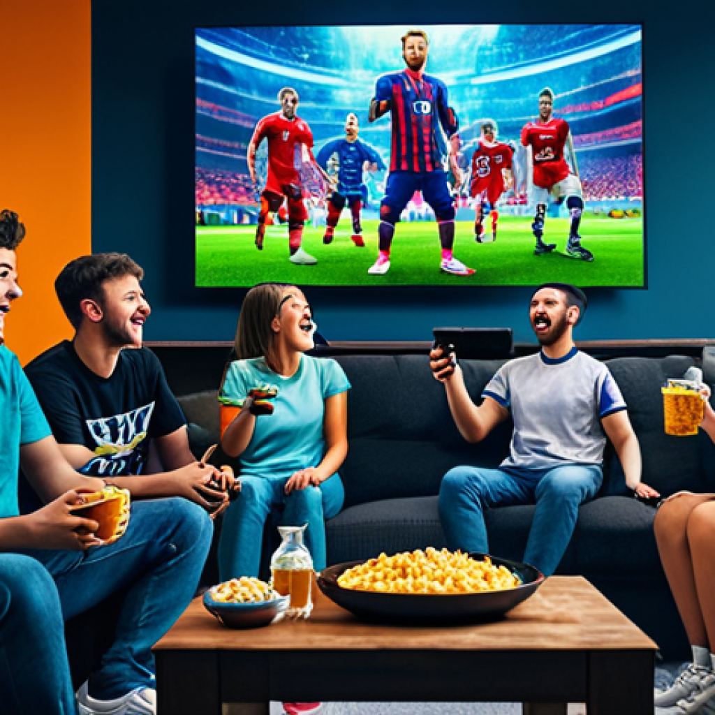 **Prompt:** "A group of friends gathered around a large screen, excitedly watching an Eternal Return esports tournament. They are in a comfortable living room with snacks and drinks, fully clothed, appropriate attire. Safe for work, family-friendly, perfect anatomy, natural proportions, vibrant colors, dynamic composition, professional illustration."