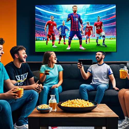 Home 12 **Prompt:** "A group of friends gathered around a large screen, excitedly watching an Eternal Return esports tournament. They are in a comfortable living room with snacks and drinks, fully clothed, appropriate attire. Safe for work, family-friendly, perfect anatomy, natural proportions, vibrant colors, dynamic composition, professional illustration."
